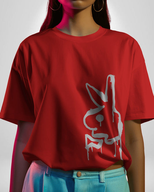 Playful Rabbit Graphic Red T-Shirt