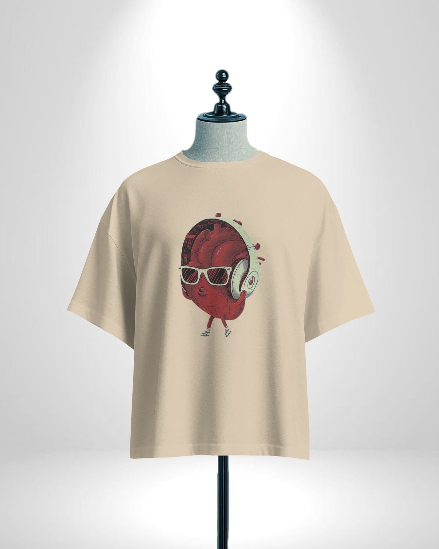 Unisex Beige T-Shirt with Funky Heart Graphic