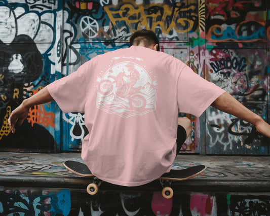 Loffar Bike Stunt Oversized Unisex T-Shirt - Baby Pink